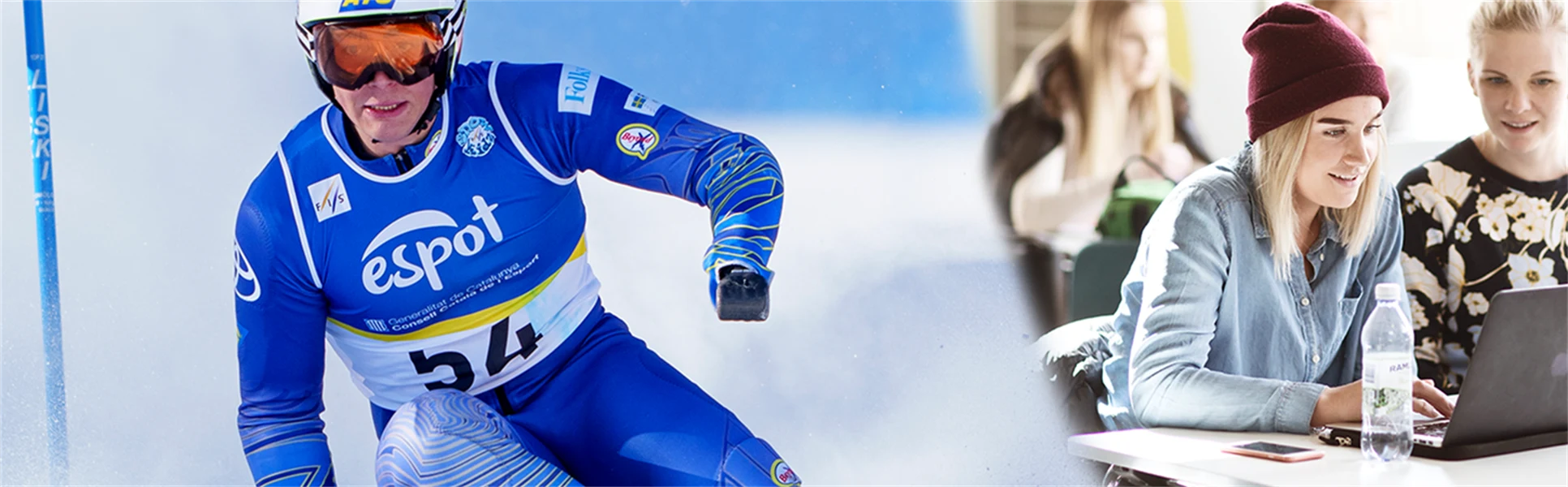 Bildkollage av alpin paraskidåkare och studenter med dator vid ett bord.