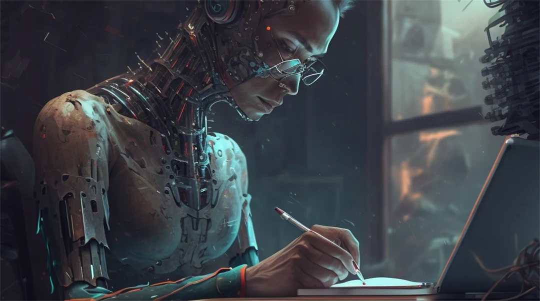 AI genererad bild som visar en humanoid robot som skriver