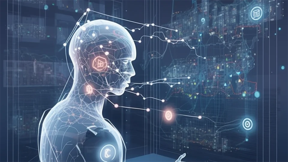 AI-genererad bild som visar en holografisk figur med ljusfenomen och projiceringar